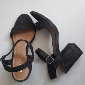 Bamboo black denim acid wash chunky heel sandals